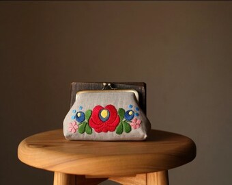 Japanese handmade embroidered natural linen flower pouch,japanese pouch,handmade pouch,linen pouch