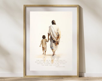 Jeremiah 29:11 Wall Print Christian Nursery Print Kids Room Bible verse Art Printable Jesus Walking With A Boy Print INSTANT DOWNLOAD