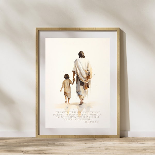 Jeremiah 29:11 Wall Print Christian Nursery Print Kids Room Bible verse Art Printable Jesus Walking With A Boy Print INSTANT DOWNLOAD