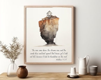 House On The Rock Bible Verse Wall Art Print Christian House Art Matthew 7:25 Digital Print INSTANT DOWNLOAD Scripture housewarming gift