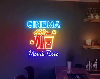 Cinema Movie Time Neon Sign, Movie Theater Led Light, popcorn neon decor, Home Theater Movie And Popcorn Led Sign, Home Room Decor Lighting