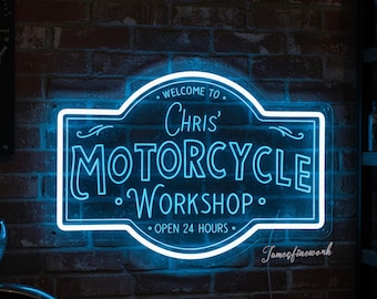Neonbord motorfiets werkplaats, gepersonaliseerd neonlicht garagenaam, werkplaatsbord autobord voor garage, vaderdagcadeau, bord mangrot