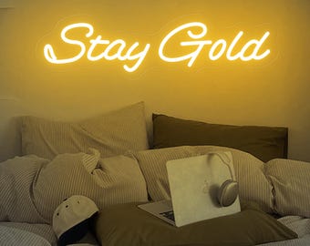 Blijf goud neonbord, vintage neonlicht uit de jaren 80, aangepast neonbord slaapkamer muurdecoratie, inspirerend citaat kunst aan de muur. Motiverende citaten led neon