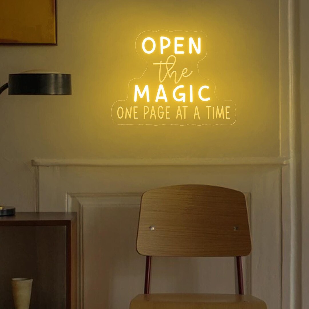 Open the Magic One Page at a Time Neon Sign, Reading Corner Wall Decor ...