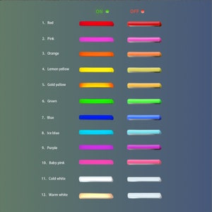 May include: A chart showing 12 different colors of light with the words "ON" and "OFF" above the colors. The colors are red, pink, orange, lemon yellow, gold yellow, green, blue, ice blue, purple, baby pink, cold white, and warm white.