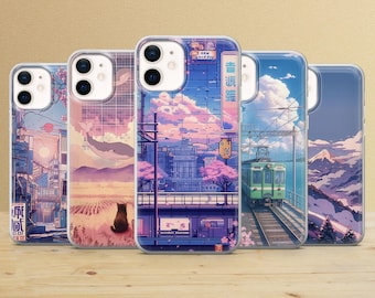May include: Five clear smartphone cases featuring distinct digital illustrations: a city sunset, a whale over a cat, a pink-hued urban street, a green train on tracks by the sea, and a snow-covered mountain range with a peak.