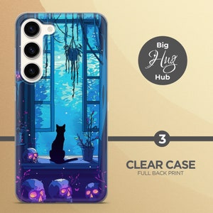 May include: A clear phone case with a full back print of a black cat sitting in a window with a blue sky and white clouds. The window is surrounded by vines and there are skulls on the sill. The text "Big Hug Hub" is printed on the case.
