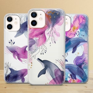 Custodia per telefono con delfini estetici, custodia per la vita marina per iPhone 16Pro, 15, 14, 13, 12, Samsung S25Ultra, S24, S23, A54, A15 Pixel 9, 7a, 6Pro