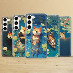 Custodia per telefono con motivo cane Shiba e dipinto Monet per Samsung S25Ultra, S24, S23, A16, A15, A56, iPhone 16e, 15, 14, 13, Pixel 9a, 8Pro, 6a