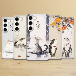 Coque de portable chat japonais chaton mignon pour Samsung Galaxy S25Ultra, S24, S23, A16, A15, A56, iPhone 16e, 15, 14, 13, Pixel 9a, 7A, 6