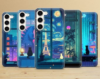 Cat Phone Case, Lofi Aesthetic Cover for iPhone 17 Pro, Samsung S26 Ultra, Pixel 10a