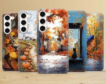 Puede incluir: Cinco fundas para smartphone con ilustraciones de temática otoñal. Los diseños incluyen un gato entre hojas, un camino con calabazas hacia una casa, una verja de hierro, un gato en una ventana y un paraguas en un parque lleno de hojas.