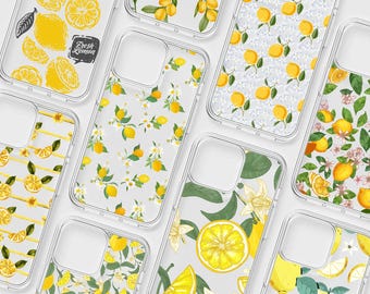 May include: A collection of clear phone cases with various lemon-themed designs. The cases feature illustrations of lemons, lemon slices, and floral patterns in yellow, green, and white. Some cases have the text "Fresh Lemon".