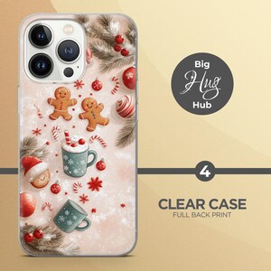 May include: A clear phone case with a winter holiday design. The case features gingerbread people, candy canes, hot chocolate, and snowflakes on a pink background. The text "Big Hug Hub" is printed on the case.
