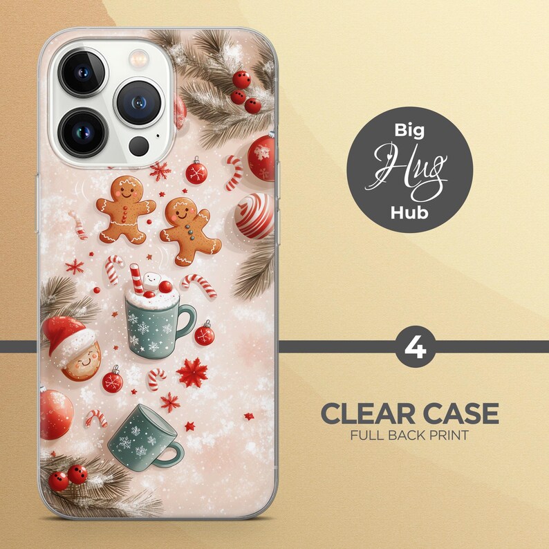 May include: A clear phone case with a winter holiday design. The case features gingerbread people, candy canes, hot chocolate, and snowflakes on a pink background. The text "Big Hug Hub" is printed on the case.