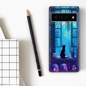May include: A phone case with a black cat sitting in a window with a blue sky and clouds. The window is surrounded by a white frame and there are skulls on the bottom of the case.