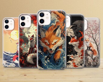Funda para teléfono Kitsune Fox - Funda con diseño de olas japonesas para iPhone 17+, Samsung A17, Pixel 9