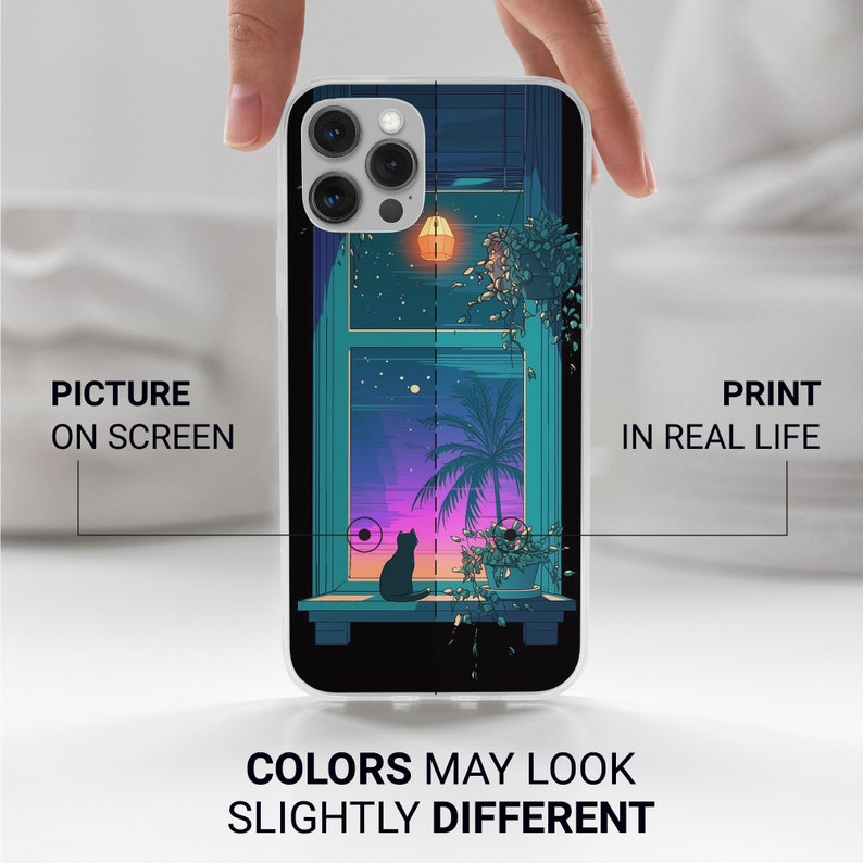 May include: A white phone case with a colorful illustration of a window with a cat sitting on a ledge, a palm tree, and a sunset. The text "PRINT IN REAL LIFE" is on the right side of the image.