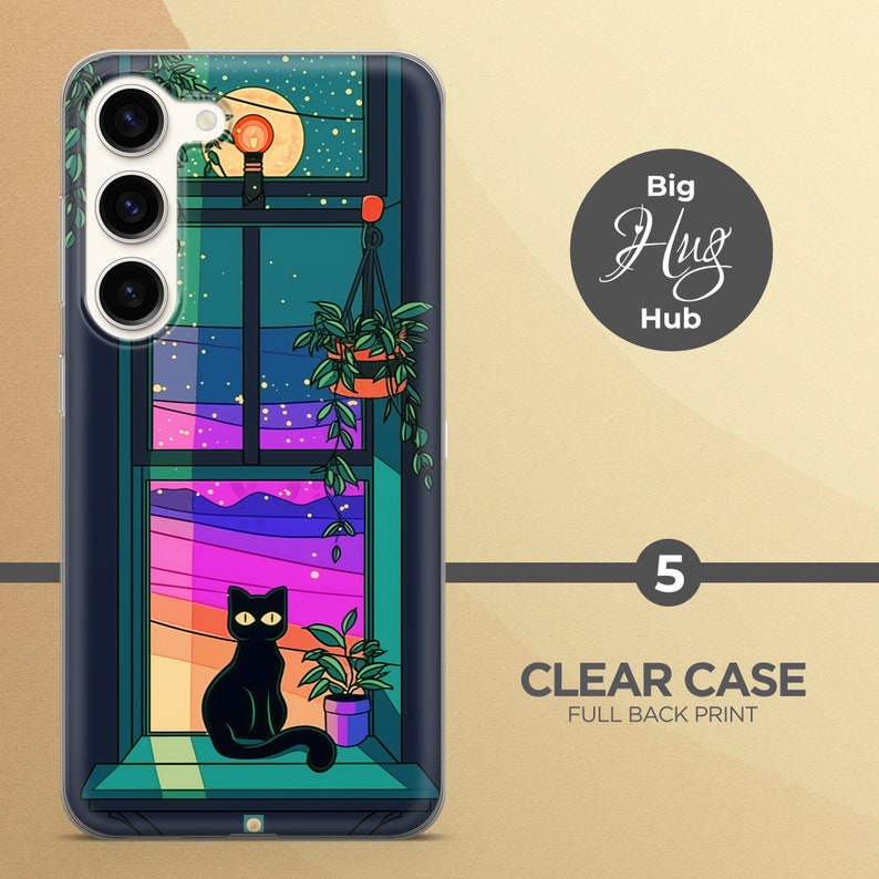 May include: A clear phone case with a full back print of a black cat sitting in a window with a night sky and moon. The window has a hanging plant and a light bulb. The text "Big Hug Hub" is in a circle at the top of the image.