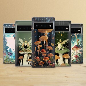 May include: Five phone cases with different mushroom and frog designs. The cases are all black and have a clear plastic back. The designs are all colorful and whimsical.