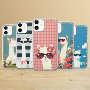 May include: Five different phone cases with a pink and white checkered pattern and a llama wearing sunglasses. The llama is wearing a flower crown and has a pink flower behind its ear. The phone cases are all clear and have a white border.