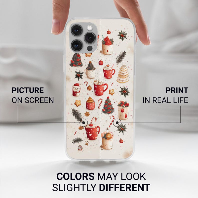 May include: A white phone case with a Christmas-themed design. The design features red and green illustrations of Christmas trees, candy canes, ornaments, and mugs of hot chocolate. The text "PRINT IN REAL LIFE" is visible on the right side of the case.
