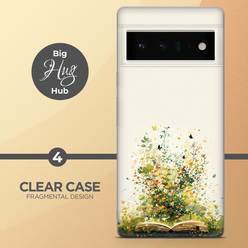 Op de afbeelding: Een transparante telefoonhoes met een ontwerp van een boek met bloemen die eruit groeien. De hoes heeft een witte achtergrond en het ontwerp is in tinten groen, geel en bruin. De hoes is voor een telefoon met een camerabult aan de achterkant.