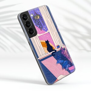 May include: A phone case with a colorful illustration of a cat sitting by a window with a plant hanging from the ceiling. The window has a view of a starry sky and a rainbow.