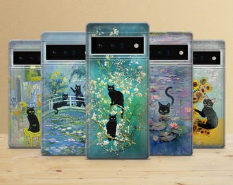 Claude Monet Phone Case Black Cat Cover for Google Pixel 9aPro XL, 8A, 8Pro, 6A, Samsung S25, S24, A15, A55, A35, iPhone 16Pro, 15, 15, 13