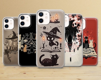 May include: Five clear phone cases featuring illustrations of black cats, witch hats, pentagrams, candles, and open books. The designs include various cat poses, magical symbols, and smoke effects in black, white, beige, and red color palettes.
