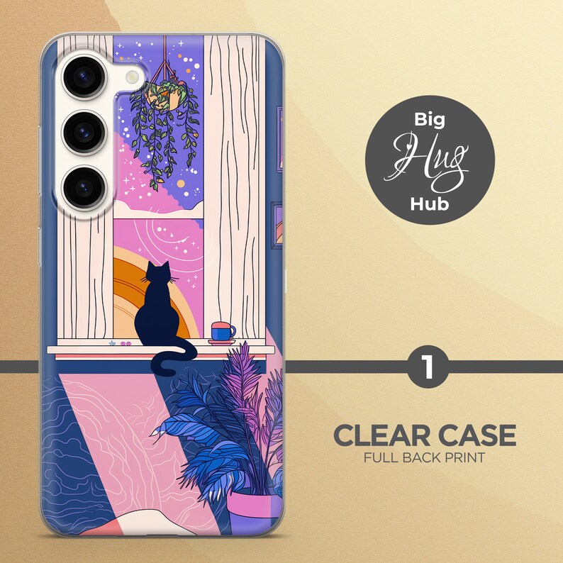 May include: A clear phone case with a full back print of a black cat sitting on a windowsill looking out at a starry night sky. The window is framed by a pink and blue geometric pattern. The case has a clear edge and a black camera cutout.
