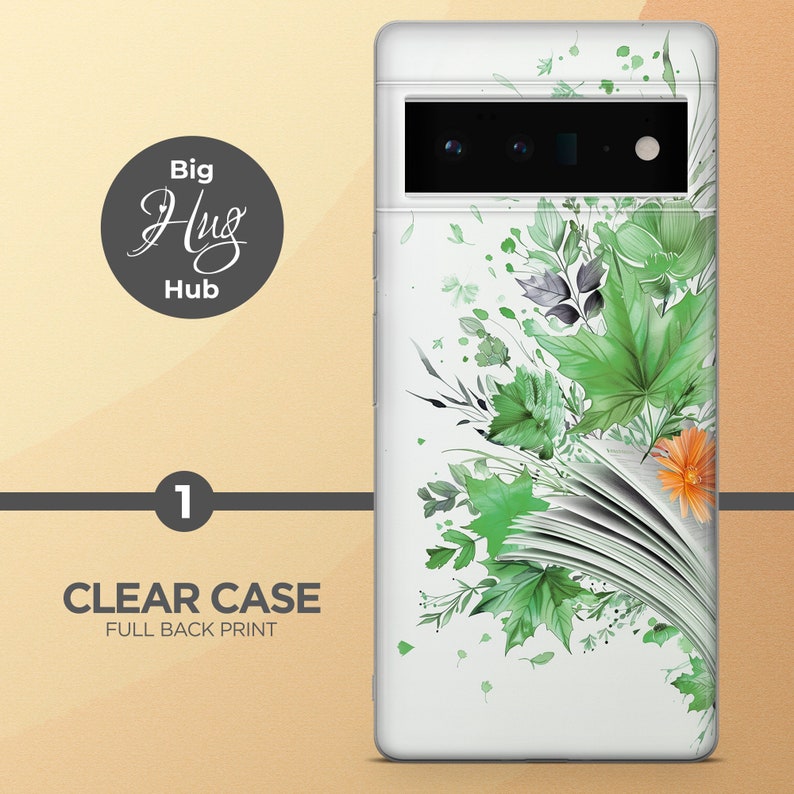 Op de afbeelding: Een transparante telefoonhoes met een full back print van een aquarelontwerp met groene bladeren en een enkele oranje bloem. Het ontwerp is op een witte achtergrond.