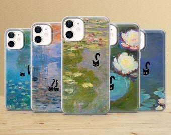 Claude Monet Handytasche schwarze Katze Cover für iPhone 15Pro, 14, 13, 12, 11, Samsung S24Ultra, S23, S22, A55, A54, A15, A35 Pixel 8a, 7a, 6
