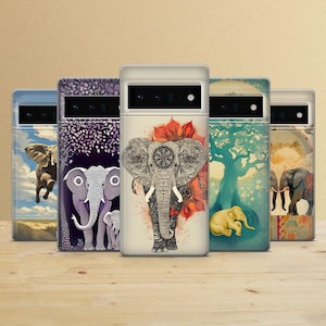 May include: Six different phone cases with elephant designs. The cases are all black and have a variety of colorful designs featuring elephants, flowers, and trees.