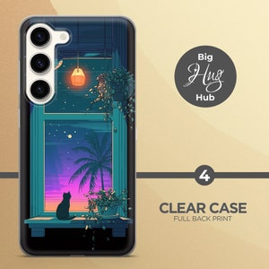 May include: A clear phone case with a full back print of a cat sitting in a window looking out at a palm tree and a sunset. The window is lit by a hanging lightbulb. The case has a black border and a camera cutout.
