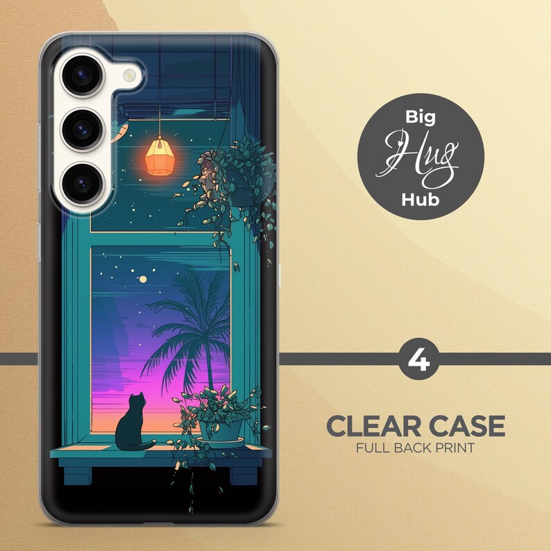 May include: A clear phone case with a full back print of a cat sitting in a window looking out at a palm tree and a sunset. The window is lit by a hanging lightbulb. The case has a black border and a camera cutout.