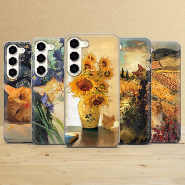 Van Gogh Cat Phone Case Ginger Cat Cover for Samsung Galaxy S24Ultra, S23, S22, A15, A14, A54, A53, iPhone 15, 14, 13, 12, Pixel 8, 7Pro, 6A