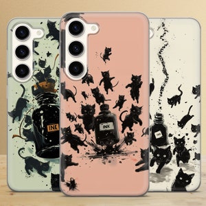 黒猫の携帯電話ケース インク子猫カバー Samsung Galaxy S25Ultra、S24、S23、A16、A15、A56、iPhone 16e、15、14、13、Pixel 9a、8A、8Pro用
