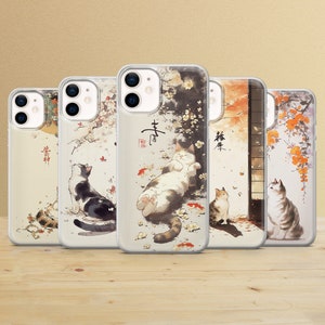 Aesthetische Katze Handy Hülle Japanische Kunst Cover für iPhone 15Pro, 14, 13, 12, 11, Samsung S24Ultra, S23FE, S22, A54, A25, A15, A14 Pixel 8a, 7a