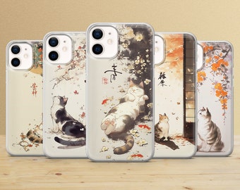 Funda de teléfono con diseño de gato japonés para iPhone 17Pro, 15, 14, 13, 12, Samsung S25Ultra, S24FE, S23, A54, A25, A15, A14, Pixel 10, 7a