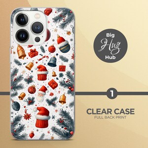 May include: A clear phone case with a full back print of a Christmas pattern. The pattern features Santa Claus, ornaments, bells, candy canes, and pine branches on a white background.