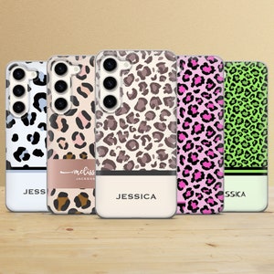 Custodia per telefono leopardata personalizzata con nome personalizzato per Samsung S25Ultra, S24, S23, A16, A15, A56, A26, iPhone 15, 14, 13, 12, Pixel 8a