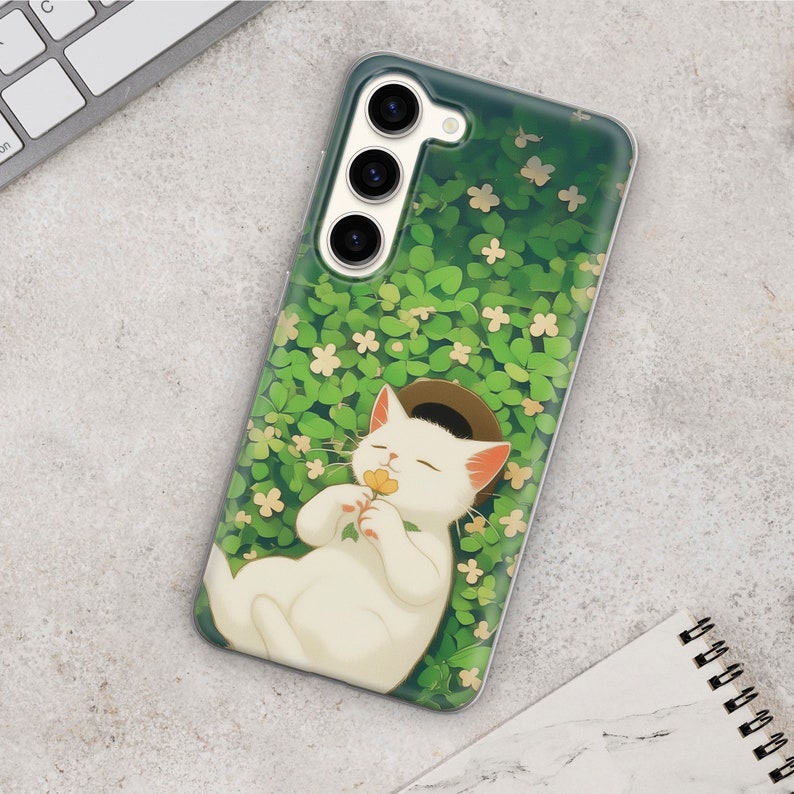 White Cat Phone Case Spring Flowers Cover for iPhone 16pro, 15, 14, 13