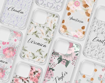 Custom Name CLEAR Phone Case Flowers Cover for iPhone 17, Samsung S26, Pixel 10a