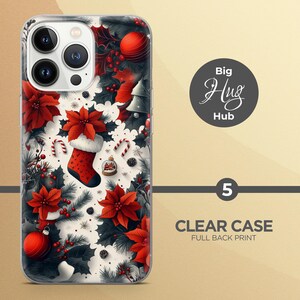 May include: A clear phone case with a full back print of a Christmas design. The design features red poinsettias, holly, ornaments, and a stocking with a snowman on it. The case is compatible with iPhone 14 Pro.