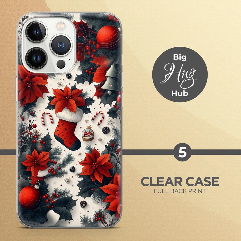 May include: A clear phone case with a full back print of a Christmas design. The design features red poinsettias, holly, ornaments, and a stocking with a snowman on it. The case is compatible with iPhone 14 Pro.