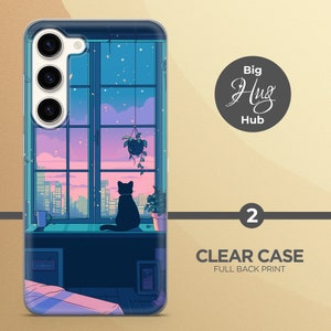 May include: A clear phone case with a full back print of a cityscape at dusk. A black cat sits on a windowsill looking out at the city. The text "Morning" is on a drawer in the room.