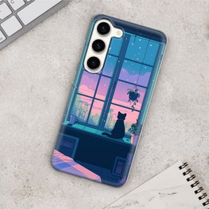 May include: A black phone case with a colorful illustration of a cat sitting by a window with city lights in the background. The case has a triple camera lens on the back.