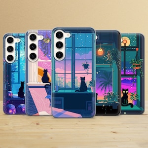 May include: Four phone cases with a colorful design featuring a window with a view of a city skyline, a cat sitting on a windowsill, and a starry night sky. The cases are all black with a white outline.