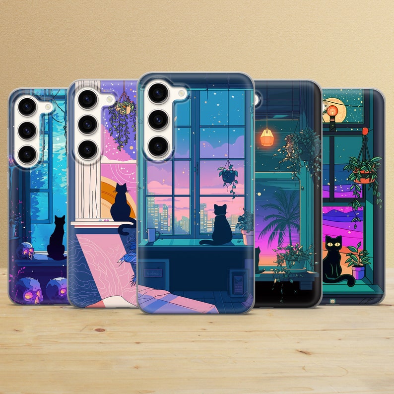 May include: Four phone cases with a colorful design featuring a window with a view of a city skyline, a cat sitting on a windowsill, and a starry night sky. The cases are all black with a white outline.